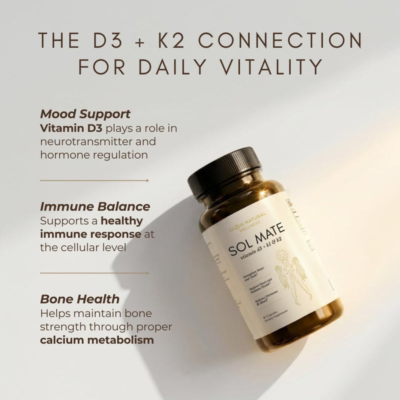 Glow Natural Wellness Sol Mate - Vitamin D3 & K2 Supplement for Women, Vitamins K1 & K2 + D3 Daily Capsules, 30 Count