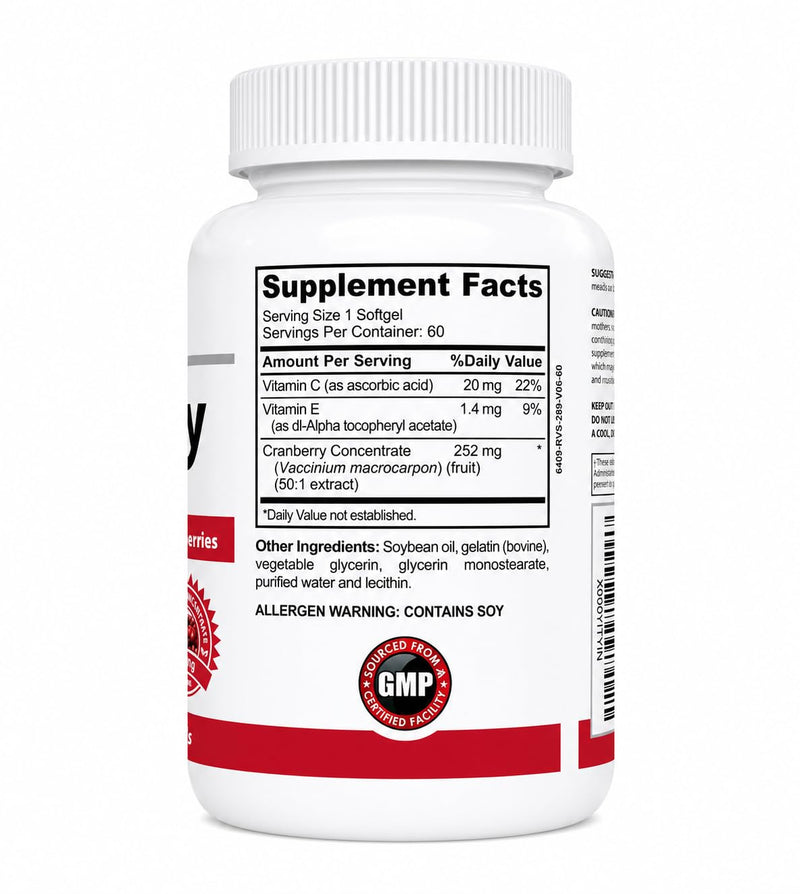 Cranberry Extract 50:1 (252mg per Softgel) with Vitamin C (20mg) & Vitamin E (1.4mg) – Urinary Tract Support – 60 Softgels