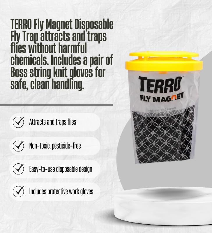 TERRO Fly Magnet Disposable Fly Trap 1 pk Bundle with Work Gloves – Outdoor Trap attracts and captures Common Flies; Simple Setup with no-Mess Disposal After use – Gift Set (2 Items)