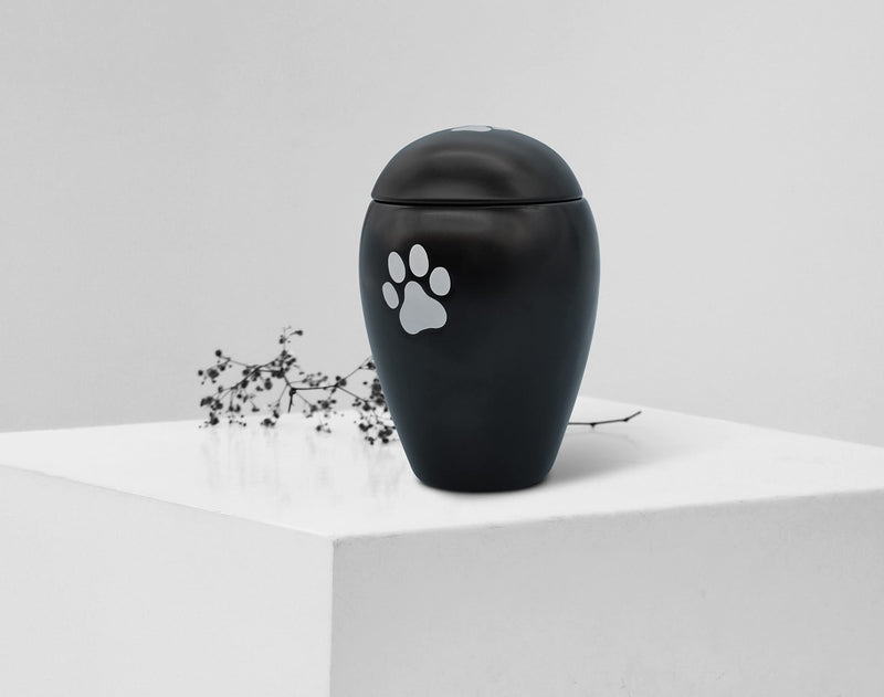 FeinKnick Devotional urn 1 liter for cats or dogs indoors and outdoors - handmade animal urn made of high-quality ceramic for dogs and cats in black with silver paw - weatherproof & for ashes - BeesActive Australia