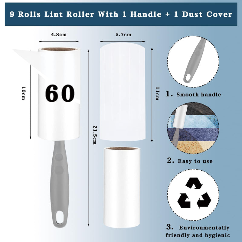 Omtofo 9 rolls 540 sheets lint roller with 1 dust cover + 1 dispenser, extra sticky lint roller, lint roller animal hair, lint roller for clothes, hair, sofa, bed, cat hair, dog hair 10cm/9 rolls - BeesActive Australia
