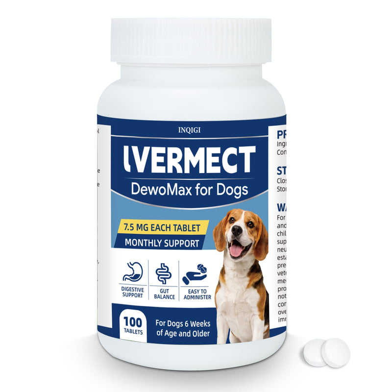 lvermect Tablets for Dogs 7.5mg – 100 Chewable Tablets for Gut Health & Digestive Support, Monthly Wellness Supplement for Small Medium Large Dogs, Support Immune Balance & Comfortable Digestion