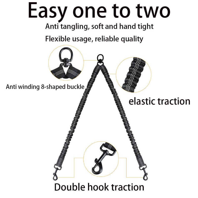 2 Dog Leash 360° Swivel No Tangle Double Dog Walking & Training Leash Comfortable Shock Absorbing Reflective Bungee for Small or Large Dogs - BeesActive Australia
