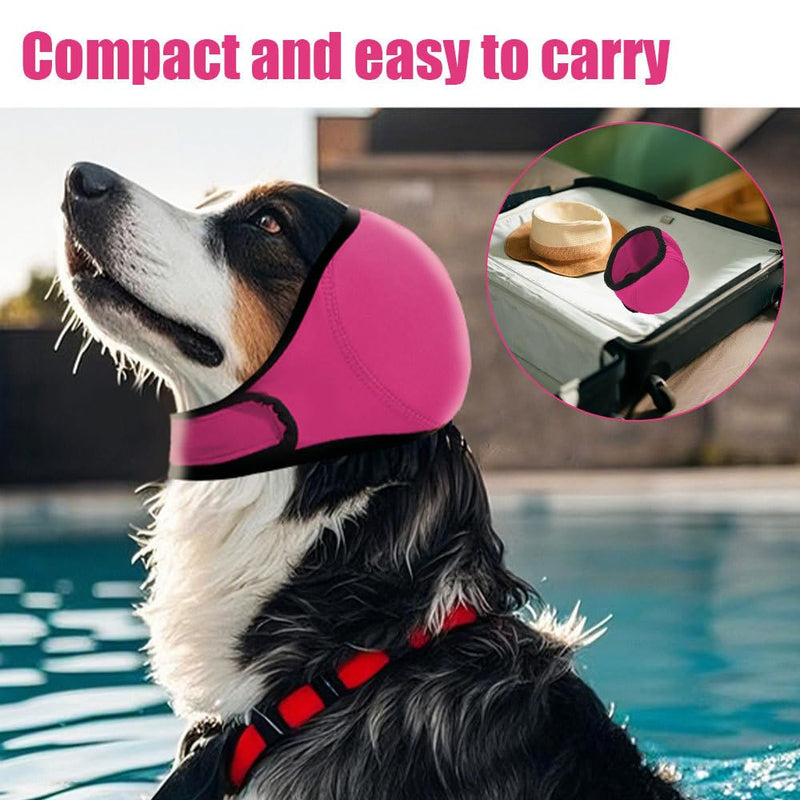 Dog Ear Defender, Waterproof Adjustable Dogs Head Cover Noise Cancelling Windproof Pet Calming Hood for Summer Bathing Water Play Protection Rose Red S