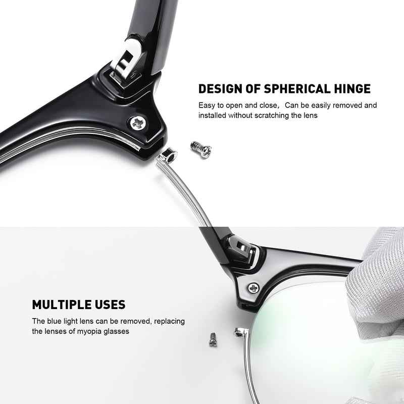 Blue Light Blocking Glasses Vintage Half Frame UV Clear Lens Anti Eyestrain Computer Gaming Glasses for Women Men A01-matte Black Silver Frame