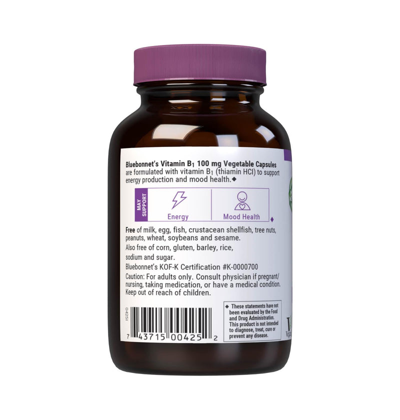 Bluebonnet Vitamin B1 100 mg - Mood Support & Energy Vitamins for Women & Men* - Thiamin HCl - Non-GMO, Vegan, Kosher, Gluten-Free - Soy & Dairy-Free - 100 Vegetable Capsules, 100 Day Supply | Energy Production & Mood Support; Non-GMO, Vegan, Kosher Ce...