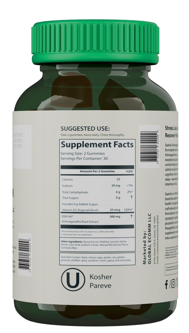 Saatvik Zero Sugar Ashwagandha & Vitamin D Gummy - 60 Count - Mixed Berry, KSM-66, Vegan, Plant Based, Non-GMO, Gluten-Free & Gelatin Free Relax. Restore. Unwind, Pack of 1
