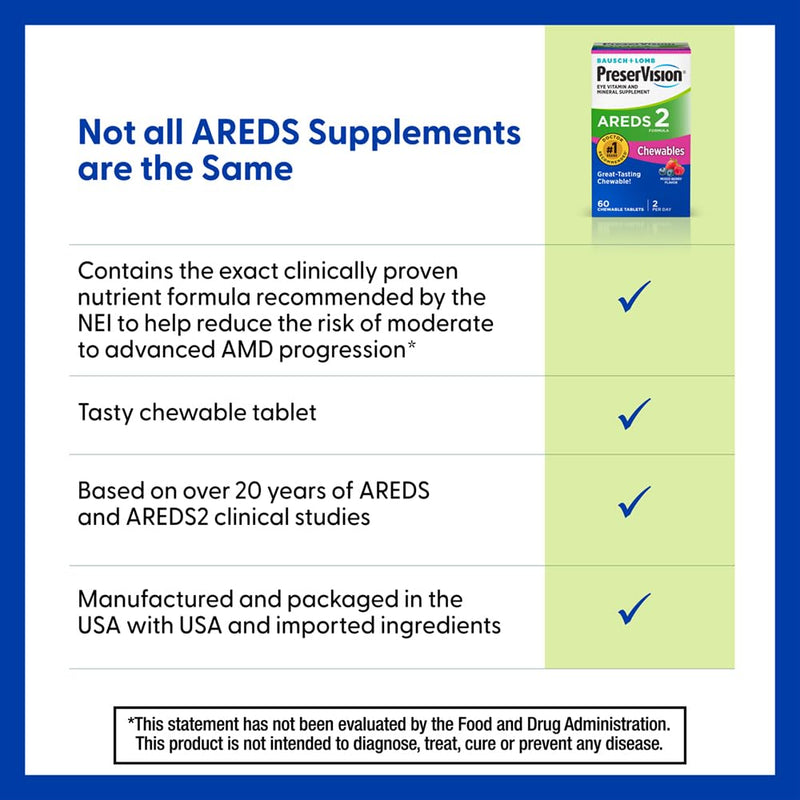 PreserVision AREDS 2 Chewable, Eye Vitamins, Mixed Berry, 70 Tablets | AREDS 2 Formula, Lutein & Zeaxanthin, Macular Support* Vitamins, Vitamin C, E, Zinc, copper, #1 Eye Doctor recommended brand1 70 Count (Pack of 1)