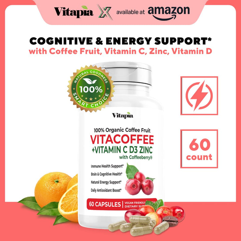 Vitacoffee Caffeine Pills - Coffee Fruit, Vitamin C, Vitamin D, Zinc Gluconate - Energy, Memory, Focus, Antioxidant, Skin Support - 60 Veggie Capsules - Non-GMO, Gluten-Free, Vegan Supplement 60 Count (Pack of 1)