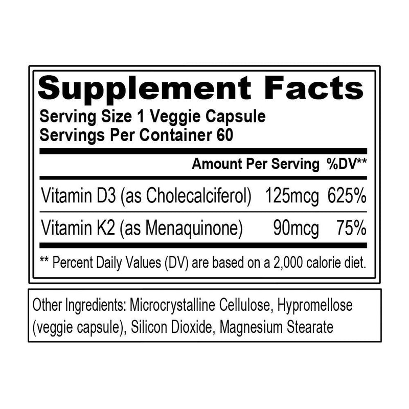 EVL Vitamin D3 K2 Supplement - 5000IU Vitamin D - 90mcg VIT K - 60 Servings | For Heart, Bone and Immune System Support - High Absorption - Gluten Free Veggie Capsules