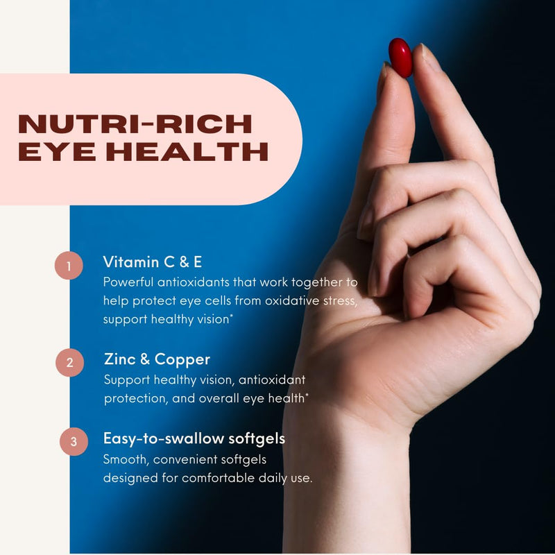 Eye Health Supplement for Vision and Mineral Supplement, Vitamin C & E, Lutein & Zeaxanthin, Zinc & Copper for Women and Men, Blue Light Protection, 60 Softgels, No Artificial Additives