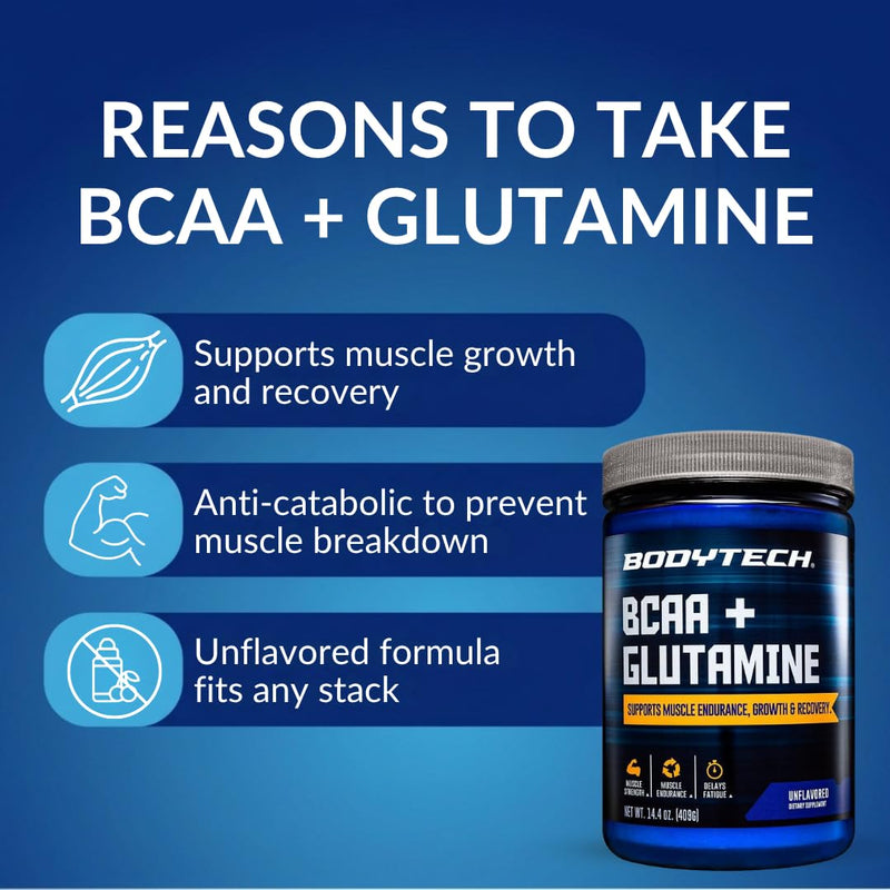 BodyTech BCAA + Glutamine Powder, Unflavored, 14.4 Oz, 59 Servings | Vitamin C, L Glutamine & More, Essential Pre Workout or Post Workout Amino Acids for Men & Women 14.4 Ounce (Pack of 1)