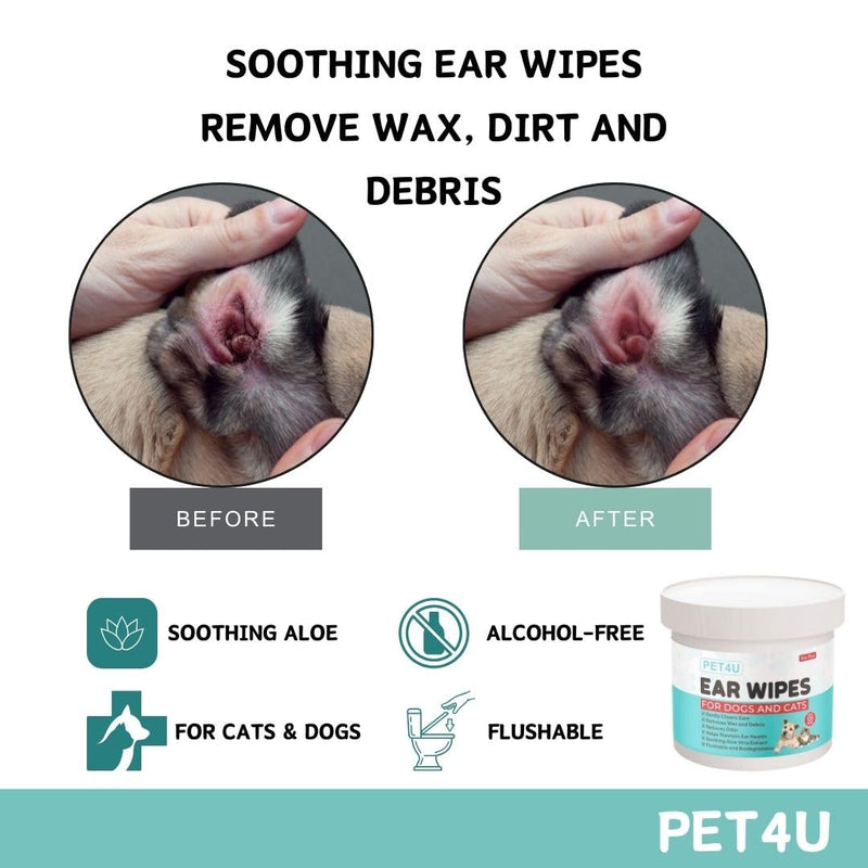 Gentle Ear Wipes for Dogs and Cats - 120 Wipes - Soothes Irritation, Removes Wax & Dirt - Safe for Sensitive Ears, with Aloe Vera & Castor Oil - Biodegradable & Flushable