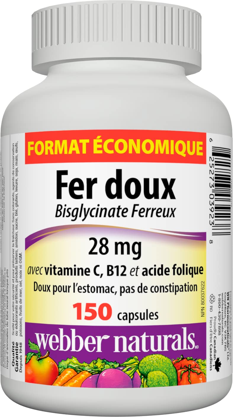 Webber Naturals Gentle Iron Supplement with Vitamin C, B12 and Folic Acid, 28 mg, 150 Capsules, Stomach-Friendly, Non-Constipating, Helps Prevent Iron Deficiency Anemia | Highly Bioavailable Form of Iron, Stomach-Friendly, Non-Constipating, Helps Preve...