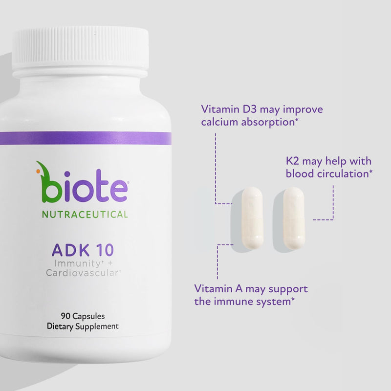 Biote Nutraceuticals - ADK 10 - Immunity + Cardiovascular (90 Capsules) 90 Count (Pack of 1)