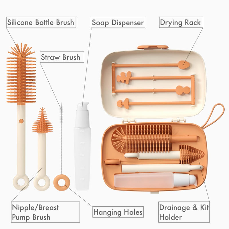 Travel Bottle Cleaner kit, 7in1 Baby Travel Essential Silicone Travel Bottle Brush Set, Nipple, Drying Rack, Straw, & Breast Pump Cleaning, Soap Dispenser & Organizer Case, Gift for Mom (White) White - BeesActive Australia