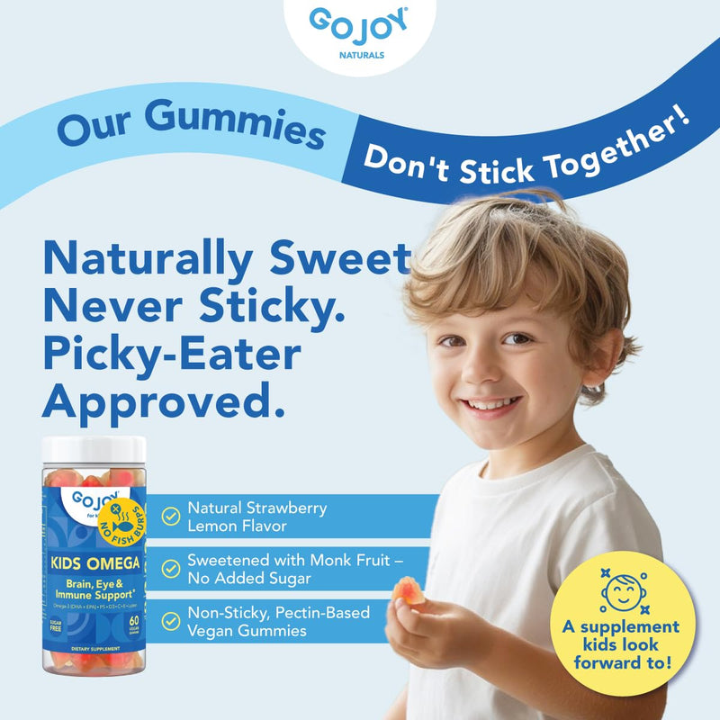 GOJOY Kids Omega 3 DHA Gummies – No Fish Burps, No Sugar – Brain, Eye & Immune Support – Plant-Based Omega-3 from Algae – Vegan, Clean DHA for Toddlers, Children & Kids Ages 3+ 1