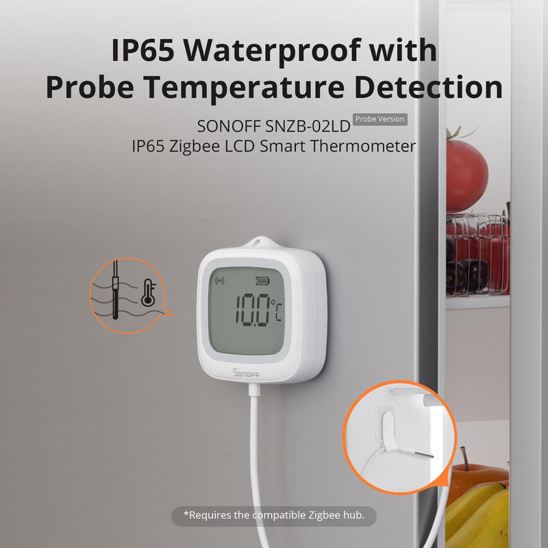 SONOFF SNZB-02LD Zigbee Waterproof Temperature Sensor with 1.5M Stainless Steel Probe, LCD Display, -40~115°C Range, APP Monitoring, Magnetic Mount, Works with Zigbee Hub - BeesActive Australia