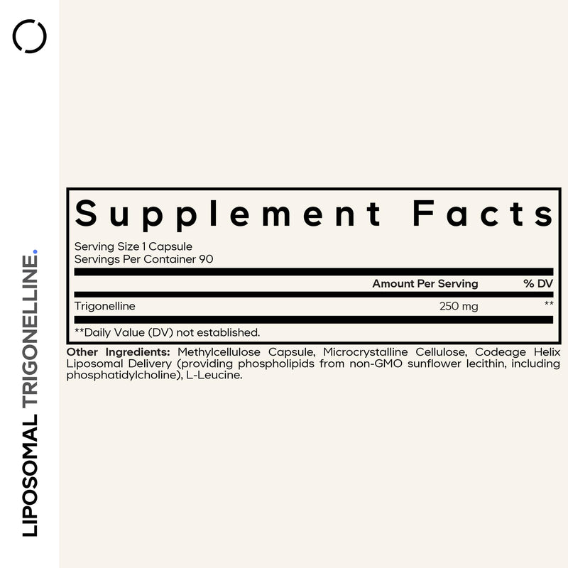 Codeage Liposomal Trigonelline, 250mg, Plant-Based, Vegan, 90 Capsules | Liposomal trigonelline supplement, 250 mg per serving, a plant-based alkaloid. Three-month supply. Vegan, non-GMO.
