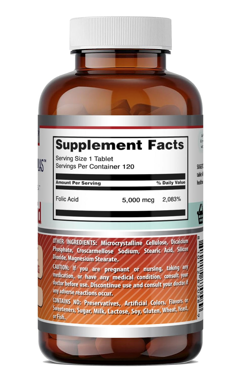 Amazing Formulas Folic Acid 5000 Mcg per Serving | Tablets Supplement | Non-GMO | Gluten-Free | Made in USA (1 Pack | 120 Count) 1 Pack | 120 Count