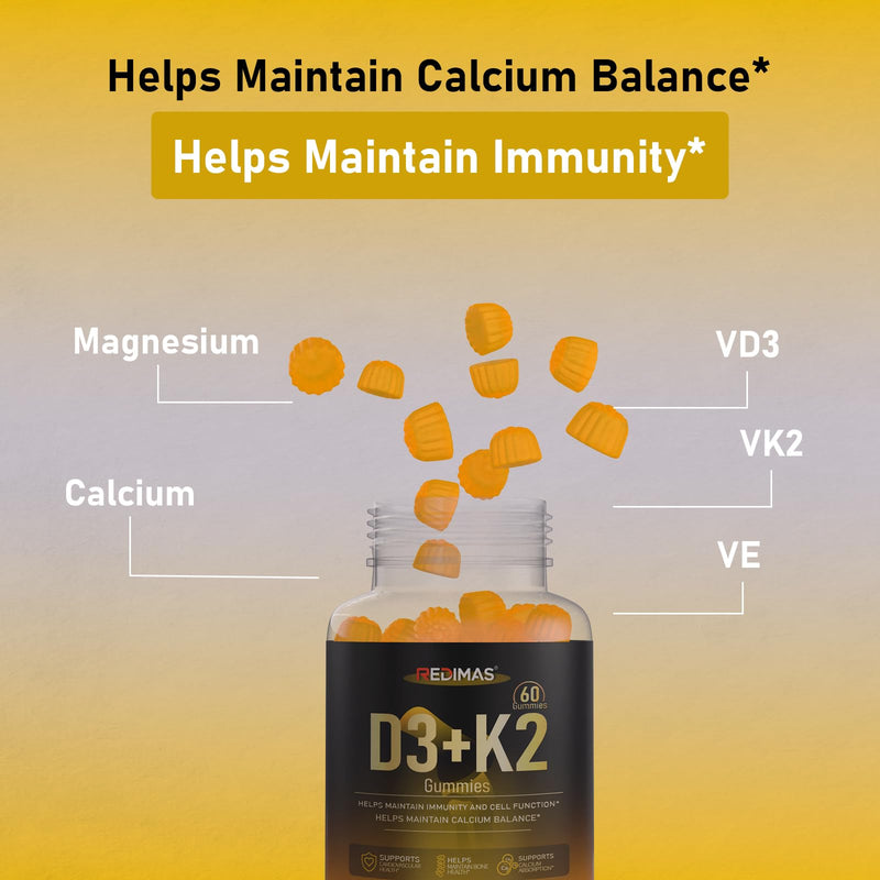 Vitamin D3 K2 Gummies, Vegan Orange Flavor, 60 Count (30 Servings) | Calcium and Magnesium Supplement with Multi-Vitamin Complex, Bone & Immune Wellness, Daily Nutrient Intake for Women and Men