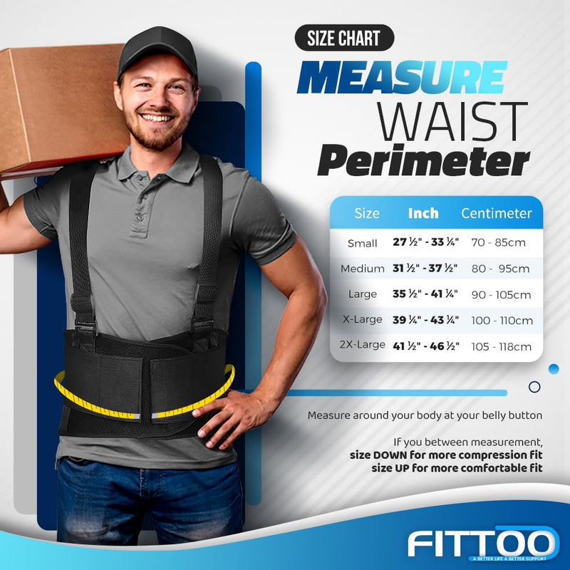 FITTOO Working Lumbar Lower Back Brace Support Belt with Adjustable Straps - Back Pain Relief, Injury Recovery, Heavy Lifting Support, Back Brace with Suspenders Black X-Large (Pack of 1)