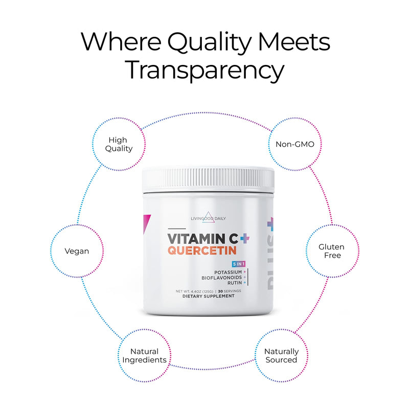 Livingood High Dose Vitamin C Powder, 2,500mg Ascorbic Acid, 30 Servings | 5-in-1 Immune Support Supplement, Vit C, Quercetin, Potassium, Biolavonoids, Rutin, Sweet Orange, Sugar Free, Made in USA