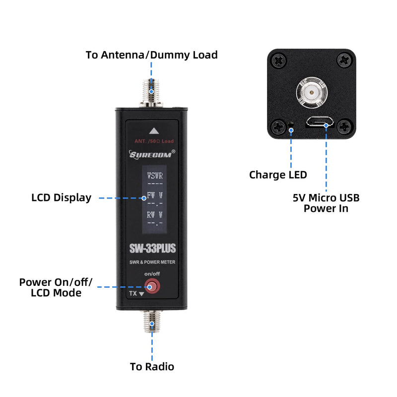 Mcbazel Surecom SW-33 Plus 100W 125-525 MHz Mini Digital VHF UHF Two-Way Radio Handheld Power & SWR Meter Black