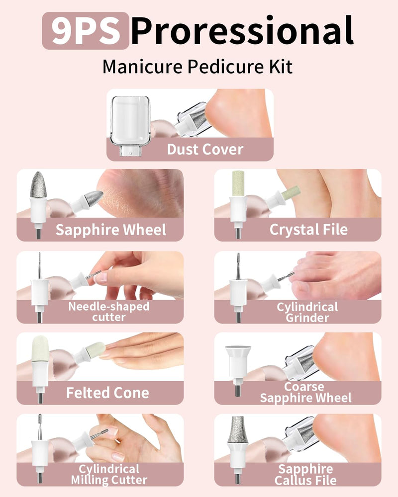 Manicure Pedicure Kit with Case, Professional Nail Grinder for Senior Thick Toenail, Cordless Electric Nail File, 5 Speeds Pedicure Tools for feet Callus Remover, Nail Drill for Women Hand Feet Care Rosecase - BeesActive Australia