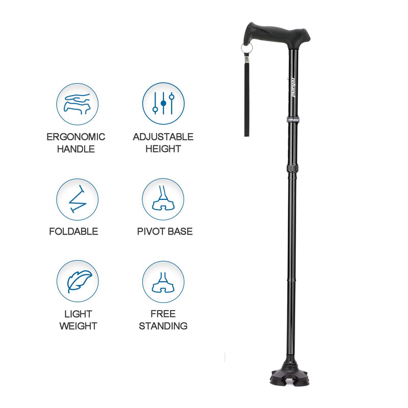 REHAND Walking Cane for Men & Women - Foldable, Adjustable, Lightweight, Self Standing Pivot Walking Cane, Soft Handle Grip, with Travel Bag, Walking Sticks for Seniors & Adults Black - BeesActive Australia
