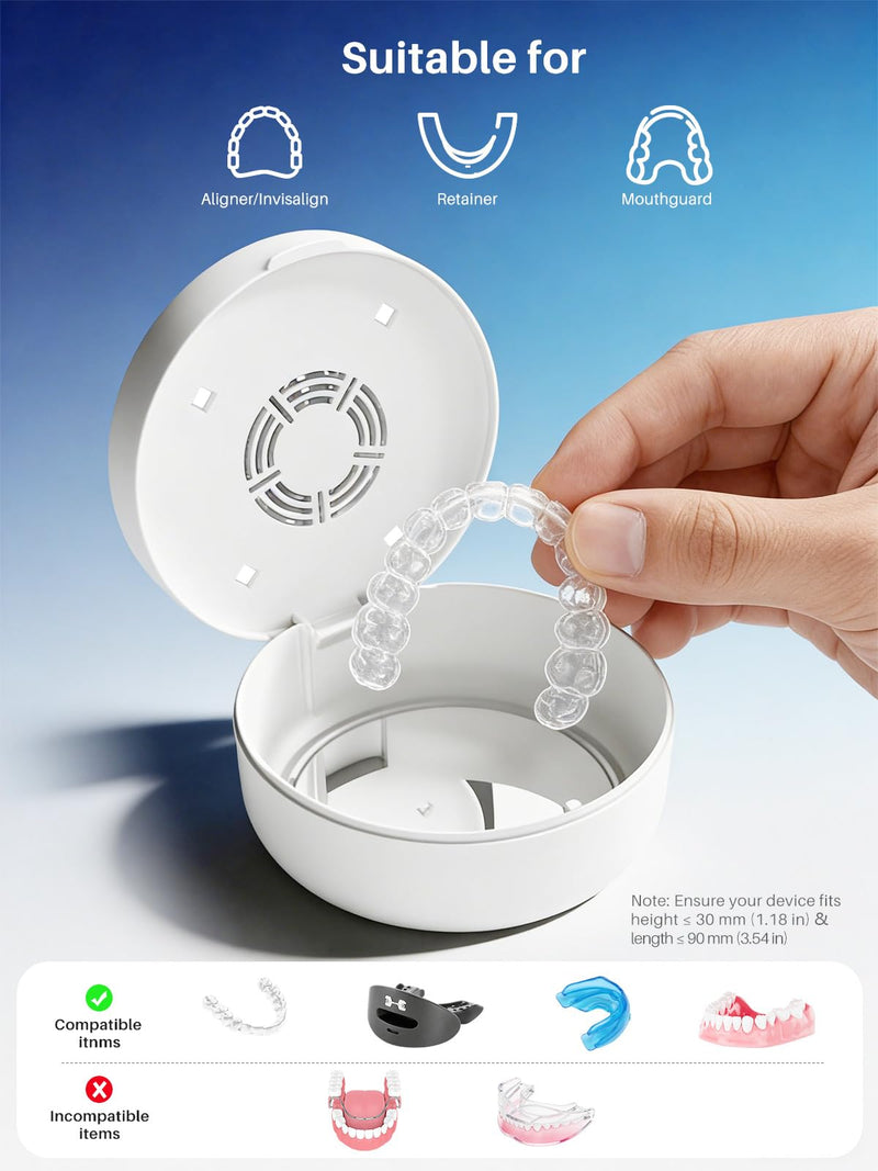 Voraiya UV Retainer Case with Fan, Portable Cleaning Denture Cases with UV Lights Rechargeable Retainers Cleaner Container for Partial Denture, Aligners, Mouth Guard, Night Guard, Braces White