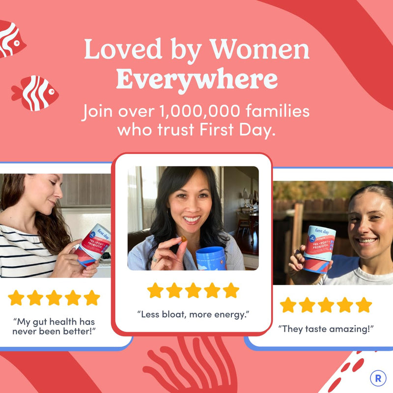 FIRST DAY Probiotic Gummies for Women, 3-in-1 Prebiotic + Postbiotic, 60ct | Vegan women probiotic gummies with kiwi and 4B CFU; 3-in-1 blend for digestive, oral and vaginal health, 30-day supply. 60 gummies - Bottle