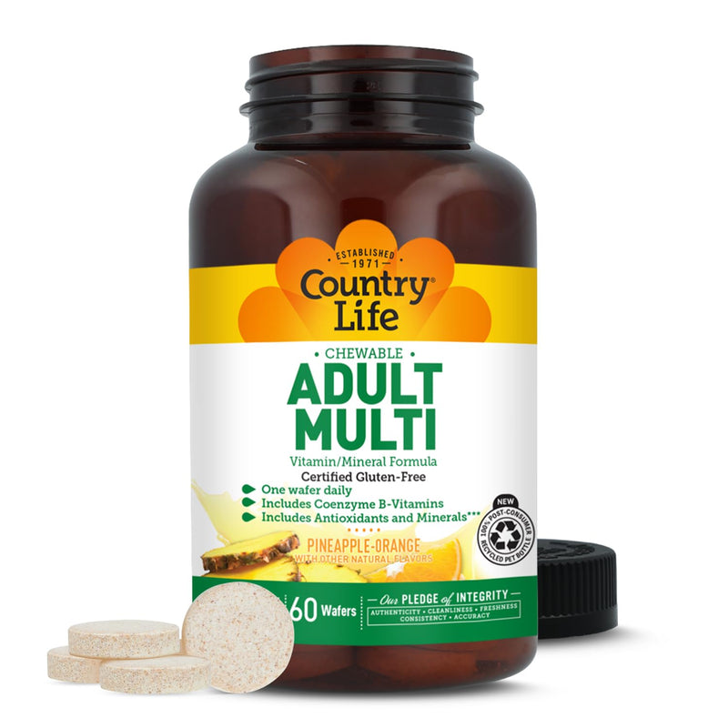 Country Life Adult Chewable Multivitamin, Pineapple Orange, 60 Wafers | 60 servings with coenzyme B vitamins, antioxidants and minerals in one daily wafer; certified gluten free and vegetarian