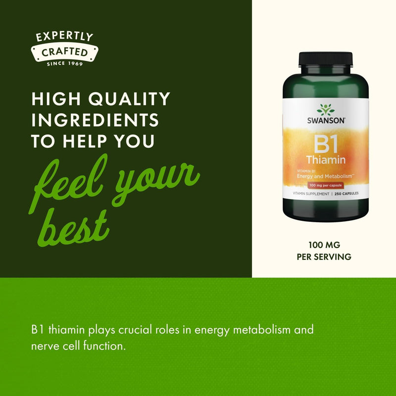 Swanson Vitamin B1 (Thiamin) - Promotes Healthy Metabolism and Provides Energy Support - Natural Vitamin Supplement Supporting Optimum Nerve Cell Function - (250 Capsules, 100mg Each) (2 Pack) 2
