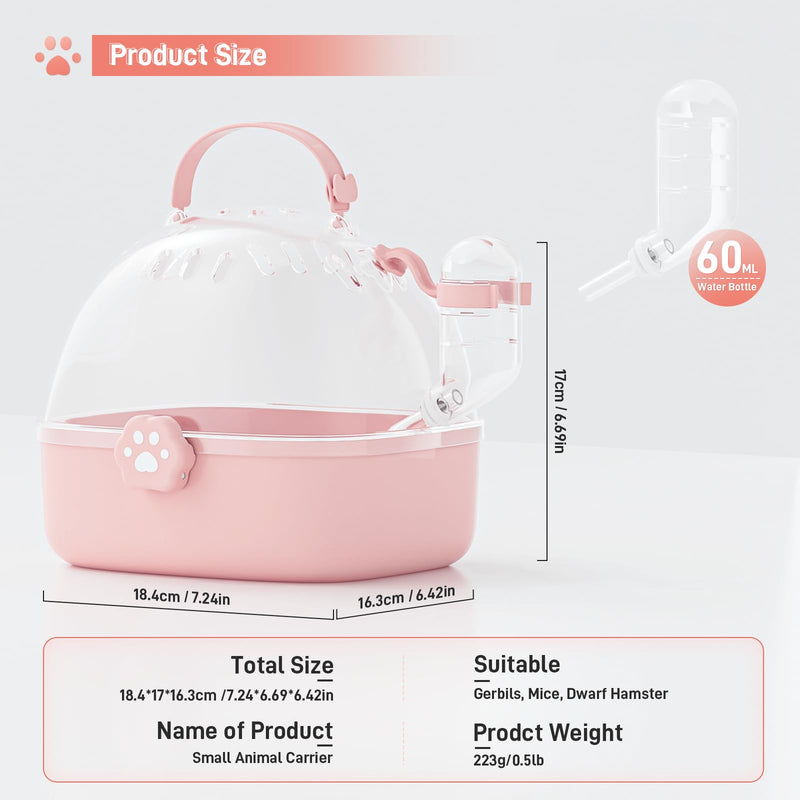 BUCATSTATE Transport Box Hamster with Water Bottle, Portable Transport Box Small Animals Travel Box Carrying Cage 18.4L * 17W * 16.3H cm for Gerbils, Mice, Dwarf Hamsters (Pink) Pink - BeesActive Australia