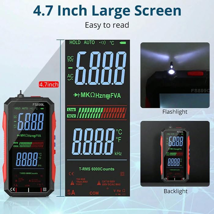 USB Rechargeable Digital Multimeter 6000 Counts Large Color Screen & Backlight FS899L Smart Auto Ranging Multimeter True RMS Digital Voltmeter Multi Meter Digital Tester for Automotive Home - BeesActive Australia