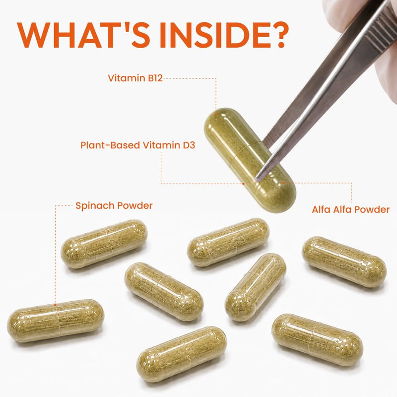 Vitamin B12 + D3 Supplement – Supports Red Blood Cell Formation, Energy Levels, Nerve Health & Immune Function | 500mg Per Serving | with Alfalfa & Spinach Powder | Vegan Capsules | 60 Count