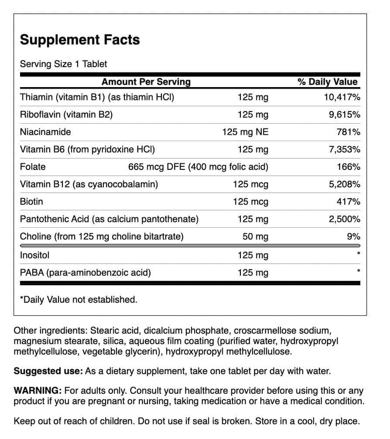 Swanson Vitamin B-125 Complex 100 Tabs | Promotes Nervous System, Immune and Cardiovascular Health; Supports Neurotransmitter Production for a Positive Mood 100 Count (Pack of 1)