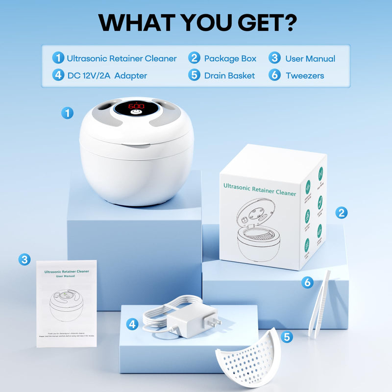 Upgraded Ultrasonic Retainer Cleaner Machine, 45kHz Ultrasonic Dentures Cleaner for Night Guards, Braces, Aligner, Toothbrush, Jewelry and More, 200ML Capacity, White A-White