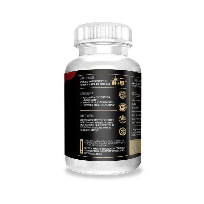 Actif Sirtuin Mega Support with 5 Advanced Factors – Anti-Aging, 100% Natural, Non-GMO, 60 Count