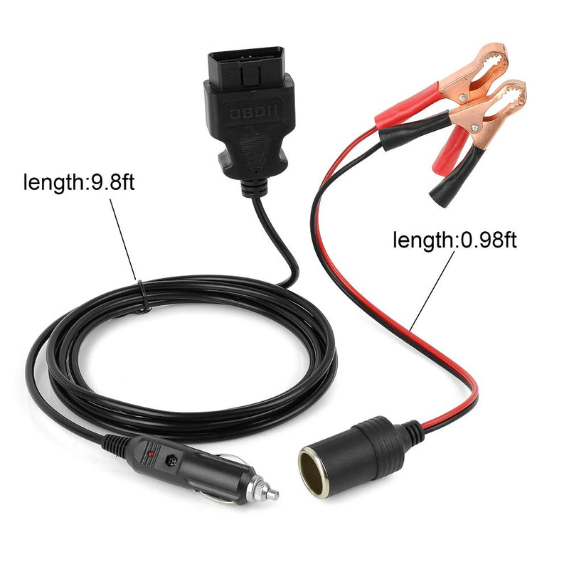 OBD II Vehicle ECU Emergency Power Supply Cable Car Diagnostic Cable Memory Saver (3 Meter) with Alligator Clip-On 12V Car Battery Cigarette Lighter Power Extension Socket