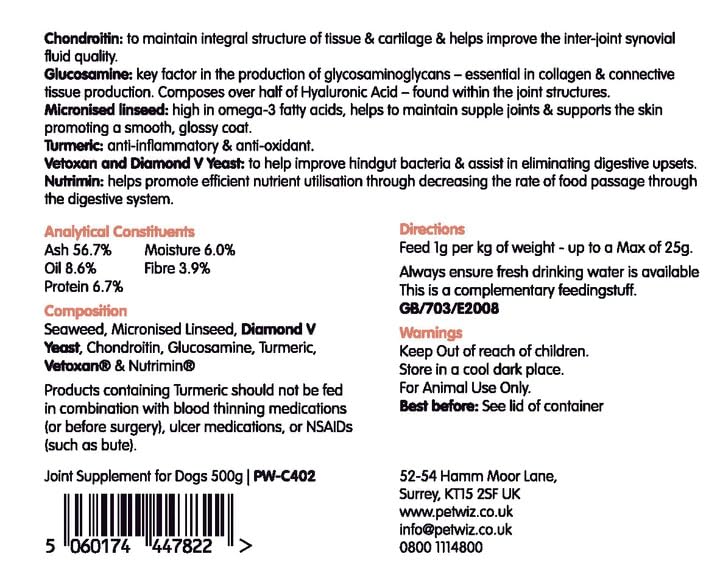 pet wiz Natural Joint Supplement for Dogs, without Bute, Promotes Healthy Joints & Skin, 500g, Made in UK.