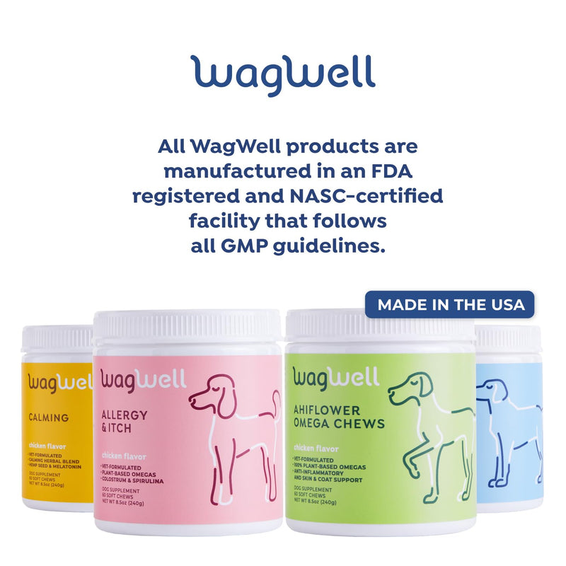 WagWell Allergy and Itch Chews – Chicken Flavored Dog Allergy Chews – Plant Based Dog Chews with Colostrum and Spirulina – Dog Skin and Coat Supplement for Itch Relief and Digestive Health, 60 Chews - PawsPlanet Australia