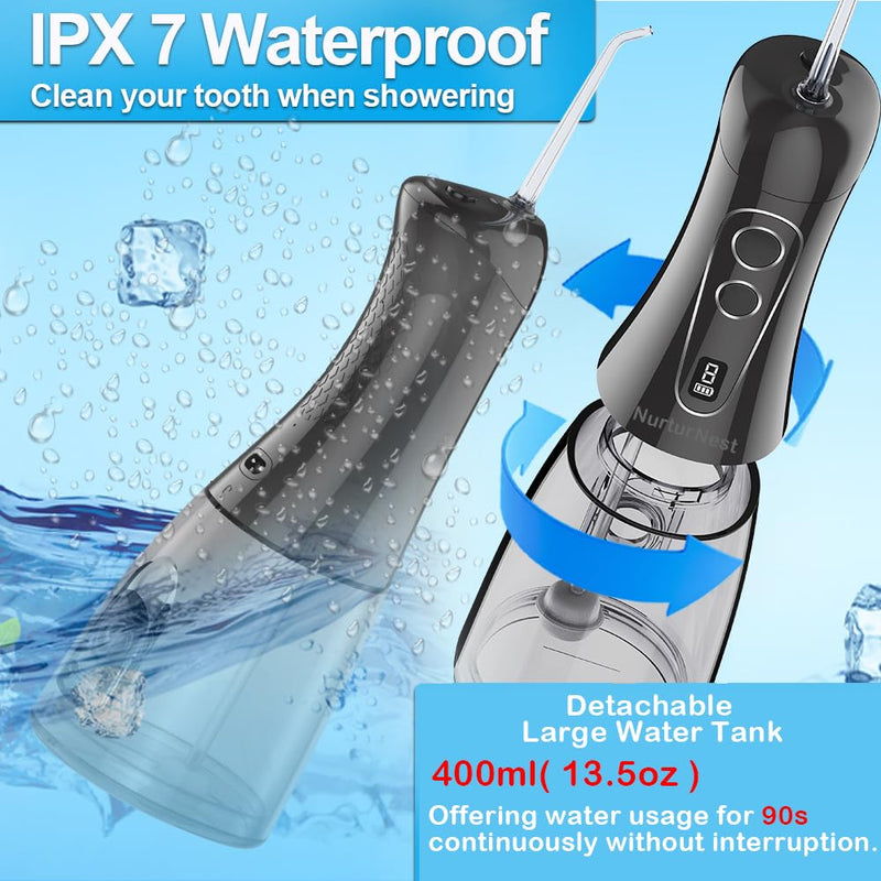 Water Flosser for Teeth, Cordless Oral Irrigator, Professional Rechargeable Dental Water flosser, IPX7 Waterproof, 8 Modes, Large Water Tank, 400ML(13.5oz) for Home & Travel, Black