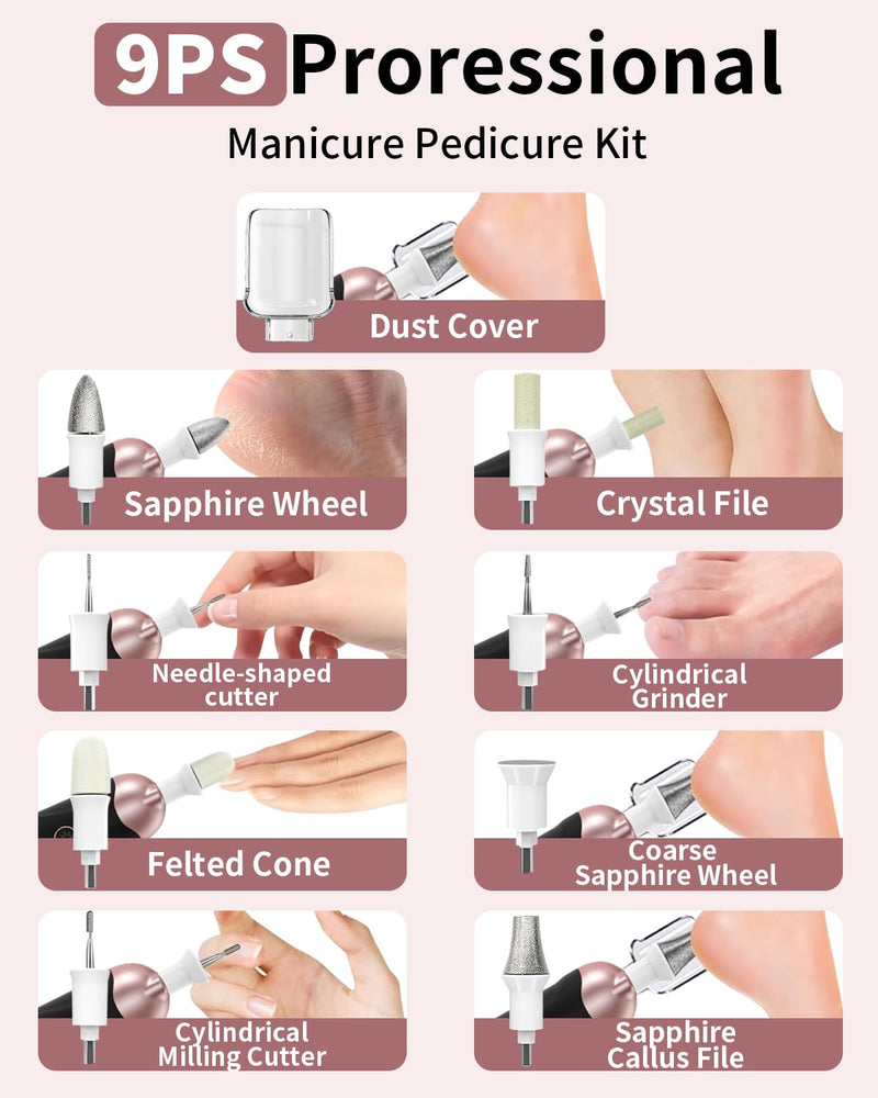 Cordless Electric Nail File Set, Professional Manicure Pedicure Kit with Memory Modes, 10 Speed Portable Nail Drill Machine, Pedicure Tools for feet, Hand Foot Care Tool for Thick Nail Toenail Cuticle Pink