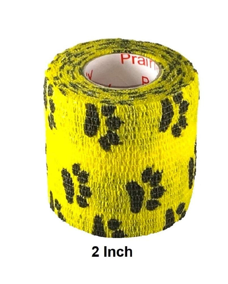 Vet Wrap Wrap Tape (Yellow with Paw Prints) (2 Pack) (2 Inch x 15 feet) Self Adhesive Adherent Adhering Cohesive Flex Self Stick Bandage Grip Roll Dog Cat Pet Horse 2 Inch 2 PACK Yellow With Black Paws - BeesActive Australia