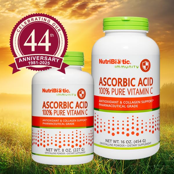 NutriBiotic Ascorbic Acid Vitamin C Powder, 8 Oz | Pharmaceutical Grade L-Ascorbic Acid, 2000 Mg Per Serving | Essential Immune & Antioxidant Collagen Support Supplement | Vegan, Gluten & GMO Free Unflavored 8 Ounce (Pack of 1)