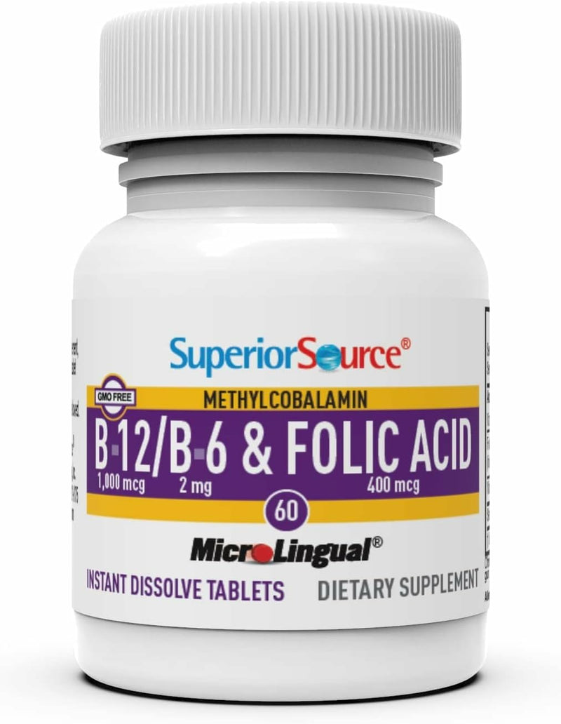 Superior Source No Shot Vitamin B-12 Methylcobalamin 1000 mcg, B-6 & Folic Acid 400 mcg - Supports Brain & Heart Health - Aids Natural Energy Levels - 60 Sublingual Dissolving Tablets Cherry 60 Count (Pack of 1)