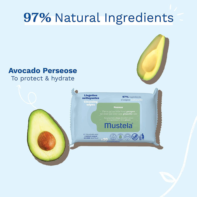 Mustela Baby Cleansing Wipes with Natural Avocado - For Face, Body & Diaper Area - Made with Compostable & Plastic Free Fibers - Lightly Scented - 20 or 60 ct. - 1, 3 or 6-Pack 20 Count (Pack of 1) - BeesActive Australia