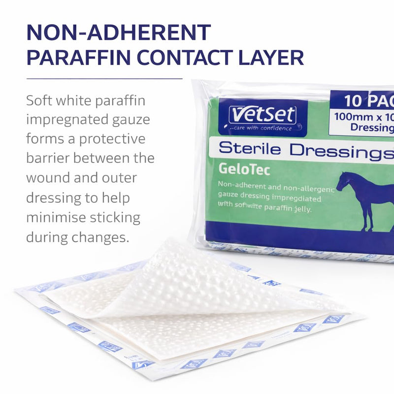 GeloTec | Paraffin Gauze Dressing for Horses, Dogs, Cats & Animals | Sterile Non Adherent Contact Layer for Burns & Wounds | 100mm x 100mm (10 Pack) 10 Pack (100mm x 100mm)